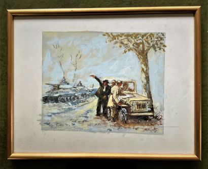  SECOND DB : " Leclerc rushes on Paris with his tanks in June 1944 ", original gouache...