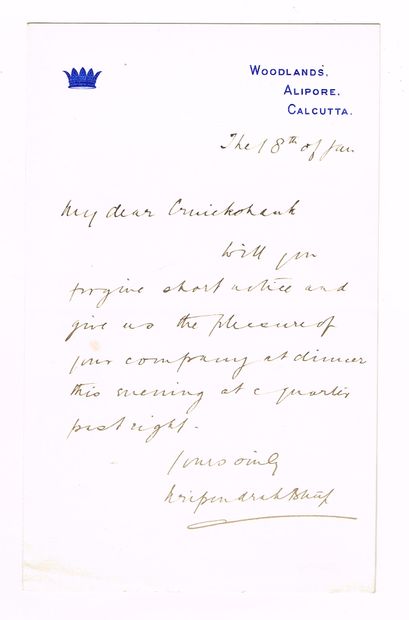  INDIA - NRIPENDRA NARAYAN BHUP (1862-1911), Maharaja of Cooch Behar in India: Autograph...