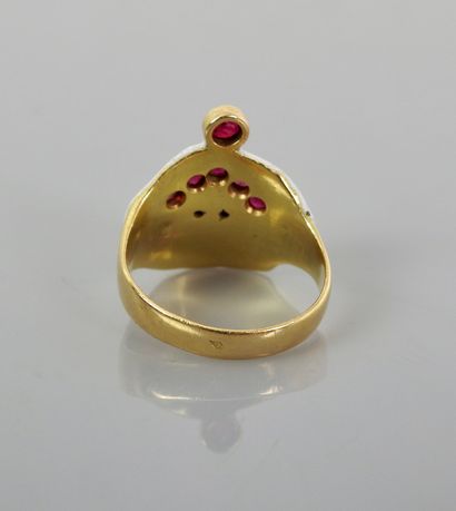 null Yellow gold flat ring, 750 MM, applied with a polychrome enamel drawing a mask...