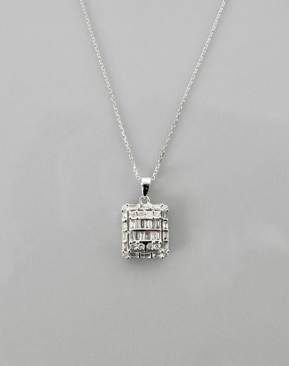 null Chain and pendant in white gold, 750 MM, covered with baguette-cut and brilliant-cut...