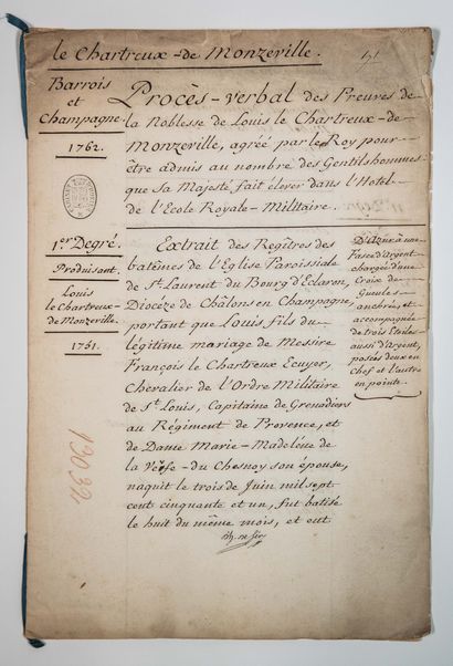 ÉCOLE ROYALE MILITAIRE. 1762. Minutes of the Proofs of Nobility for Louis LE CHARTREUX...