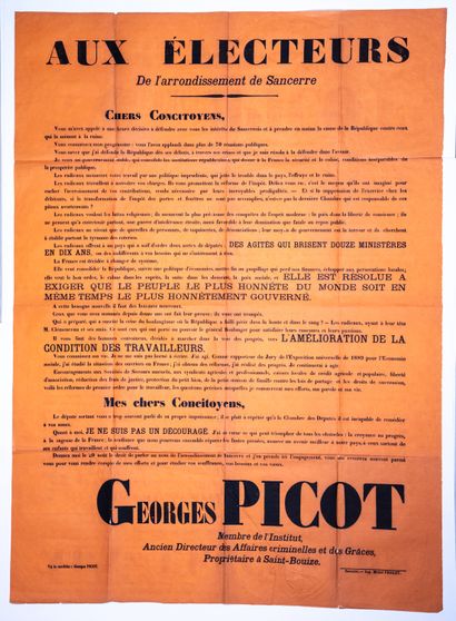 null CHER. SANCERRE (18). Affiche électorale de Georges PICOT (1838-1909), Membre...