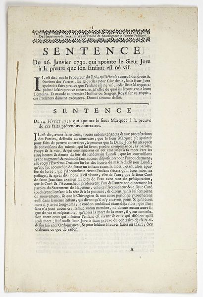 ROUEN (76). PARIS. Memorandum of trial of 1731, concerning a CHILD DEAD IN BED: "Sentence...