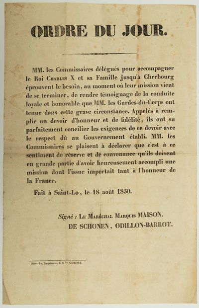  DÉPART DU ROI CHARLES X, à CHERBOURG. (MANCHE). Placard fait ST-LO le 18 août 1830....