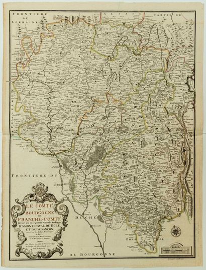  FRANCHE-COMTÉ. CARTE de 1708: «Le Comté de Bourgogne dit FRANCHE-COMTÉ divisé en...