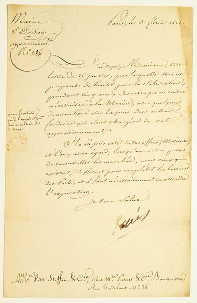 MARINE. 1812. Lettre signée Denis DÉCRES...