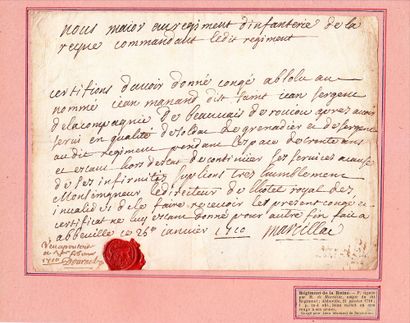 null SOMME. 1710. Régiment de la REINE. Congé militaire manuscrit signée par Mr De...