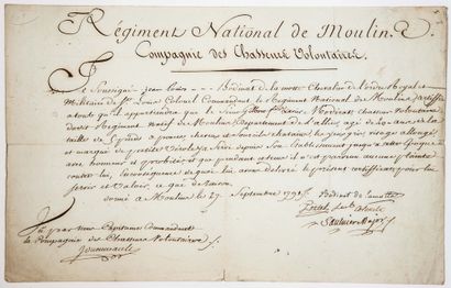 null ALLIER. 1791. "RÉGIMENT NATIONAL DE MOULINS." Certificate of military service...