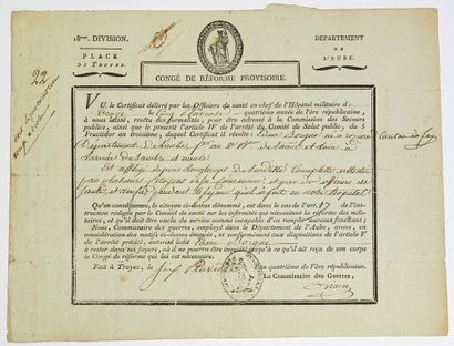 null AUBE. Place of TROYES, the 6 Pluviôse year 4 (January 26, 1796). Leave of provisional...