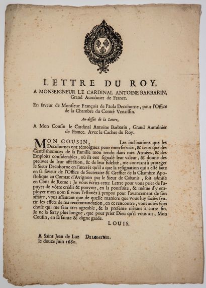  COMTAT D'AVIGNON. 1660. LETTRE DU ROY (LOUIS XIV), à Monseigneur le Cardinal Antoine...