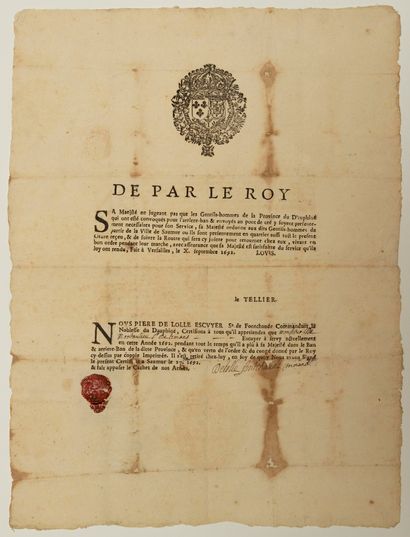 null MAINE-ET-LOIRE. 1692. Convocation de la NOBLESSE DU DAUPHINÉ. Certificat signé...