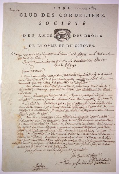null RÉVOLUTION. 1791. CLUB DES CORDELIERS DE PARIS ou la Société des Amis des Droits...