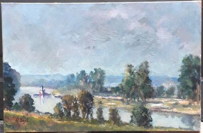  PAINTING. THE DREDGING OF THE SEINE AT SAINT-MARTIN-LA-GARENNE (YVELINES). Oil on...
