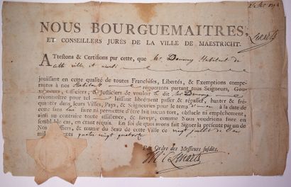 null MAESTRICHT. 1794. PASSPORT of one year delivered by the "Bourguemaitres and...