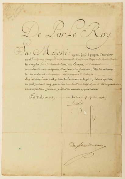 MARÉCHAL COMTE DU MUY. 1774. Royal letter which appoints Sr. Henry Jacques de KÉRAMPIL,...