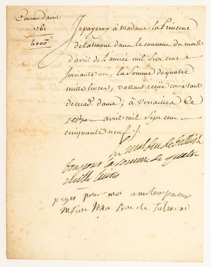 null PRINCESSE DE TALMONT. Billet signée du Maréchal Duc de BELLE-ISLE, avec quelques...
