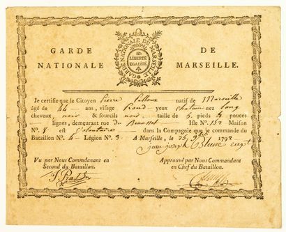  GARDE NATIONALE DE MARSEILLE (13), 25 Septembre 1792. Certificat militaire pour...