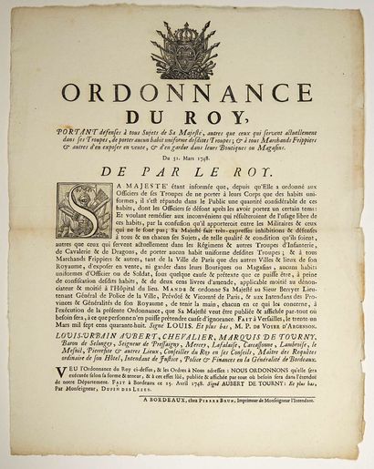 null BORDEAUX. ARMY UNIFORMS. Placard (40 x 32). "Ordinance of the King, forbidding...