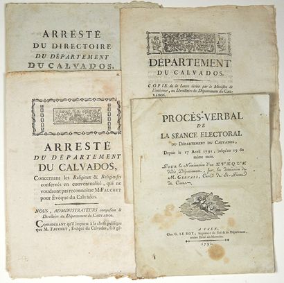  CALVADOS. PRÊTRES CONSTITUTIONNELS. 4 Imprimées à CAEN en 1791: 1) Procès-verbal...