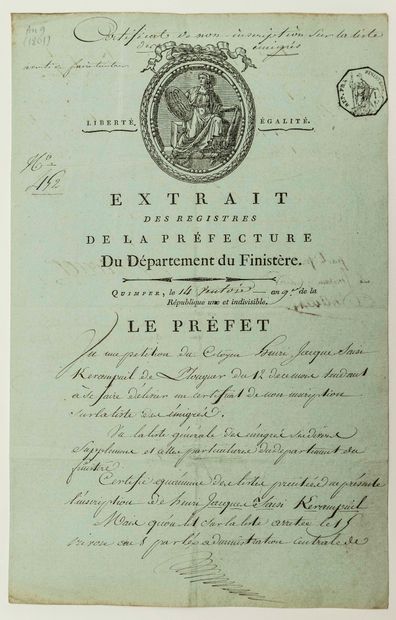 null FINISTERE. EMIGRANT FOR THE KING'S CAUSE. Certificate of non registration on...