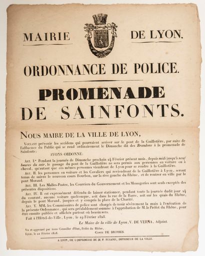  «MAIRIE DE LYON, 21 Février 1828. Ordonnance de Police. Promenade de SAINFONTS.»...