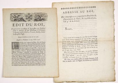  EURE. 2 Imprimés: «Édit du ROI (Louis XV), portant extinction & suppression du Présidial...
