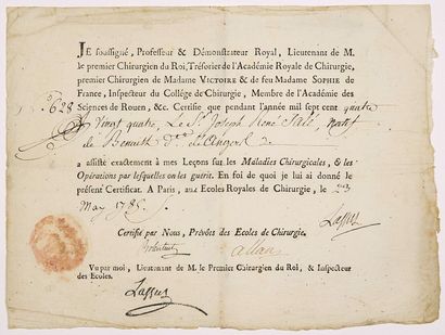  CHIRURGIEN DU ROI. 1785: Pièce signée LASSUS Professeur et Démonstrateur Royal Lieutenant...