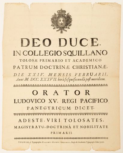  HAUTE-GARONNE. 1737. Avis du Collège SQUILLANO de TOULOUSE, sous l'autorité du Roi...