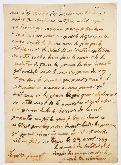  MARINE. 1794. ARMÉE DES PRINCES. Certificat autographe signé «le Marquis de CASTELLET...