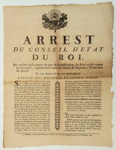 null CUSTOMS. 1781. FERS. ILLE-ET-VILAINE. Placard (46 x 35) "Arrêt du Conseil d'État...