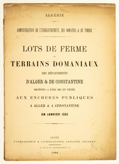 null ALGÉRIE FRANÇAISE. 1884. Plaquette imprimée en Algérie, de l'Administration...