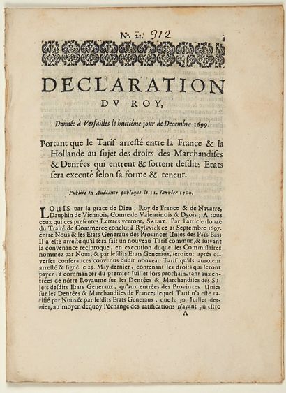 null WHALE. TRADE WITH HOLLAND - Declaration of the King, Given at Versailles on...