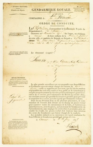 null "ROYAL GENDARMERIE. Company of the SOMME" Order of conduct of the named REUSSE,...