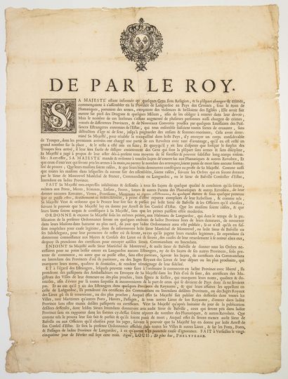 GUERRE DES CÉVENNES (1685/1711). Ordonnance du Roi LOUIS XIV contre les Troubles...