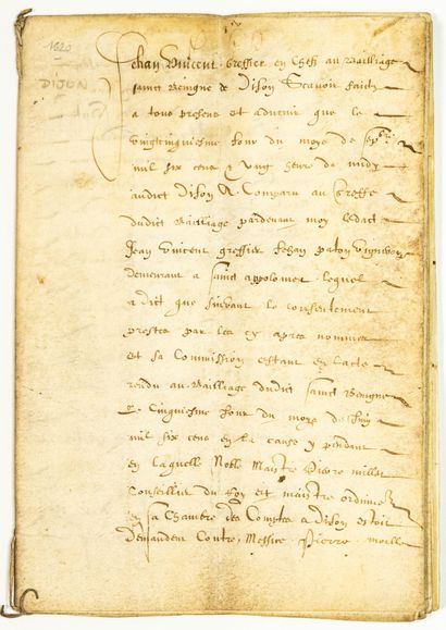 CÔTE D'OR. 1620. SAINT BÉNIGNE de DIJON. Cahier parcheminé de 28 pages in-4°: Pardevant...