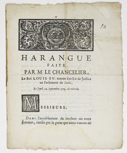 null LOUIS XV KING OF FRANCE - "HARANGUE made by M. le Chancelier, King Louis XV...