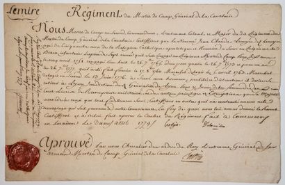  MEUSE. Maréchal De CASTRIES: Congé militaire signé du Conseil du Régiment du Mestre...