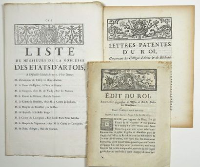 null ARTOIS. ARRAS (PAS-DE-CALAIS). 3 Prints: "STATES OF ARTOIS. List of gentlemen...