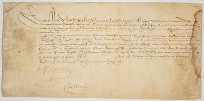 null GRENIERS A SEL. 1588. Quittance signée «René de VILLEQUIER, Chevalier des Ordres...