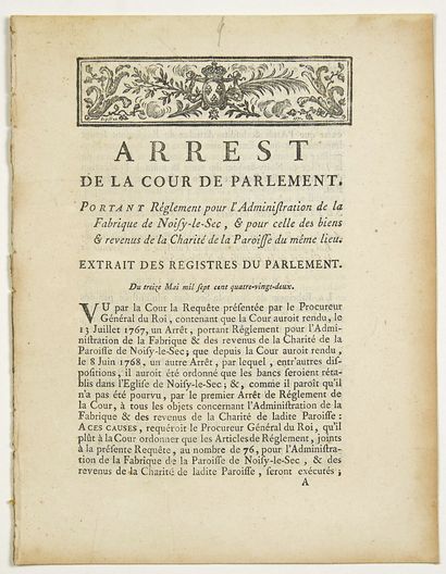 null NOISY-LE-SEC (93). CLERGÉ. 1782. “Arrest de la Cour de Parlement, portant Règlement...