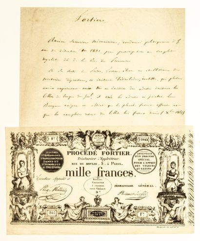  FAUX-BILLET Publicitaire de 1000 FRANGES de 1845. «Procédé FORTIER, teinturier apprêteur,...