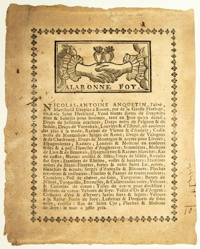 ROUEN (76). 1801. Publicité (23 x 18) «À LA BONNE FOY.» Nicolas-Antoine ANQUETIN,...