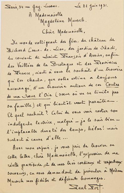Paul FORT Poète (Reims 1872-1960) Belle Lettre autographe signée, poétique, à Melle...