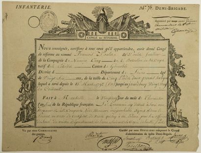 null BOUCHES-DU-RHÔNE. 1798. Congé militaire signé du Général Pierre QUANTIN et du...