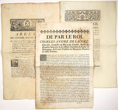  BOURGOGNE. 3 Imprimés: (DROIT DE BACS) “De Par le Roi”, Ordonnance de Charles-André...