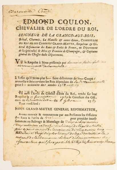  BARONVILLE (MOSELLE). 1760. Pièce signée Edmond COULON Seigneur de la GRANGE-AUX-BOIS,...