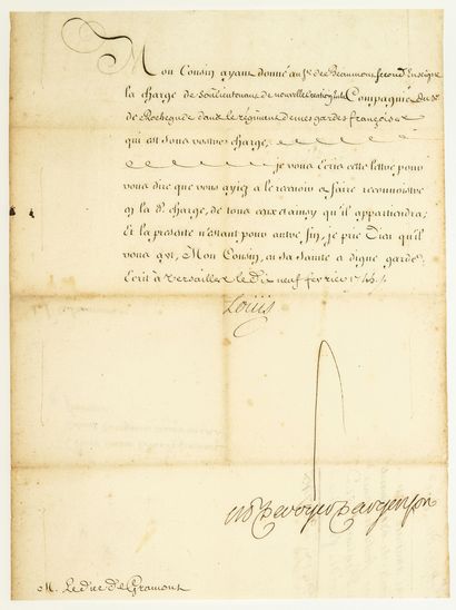 null FRENCH GUARDS. Letter signed LOUIS XV (Secretary) countersigned Marc René DE...