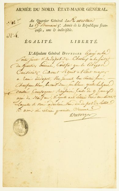 null ARMÉE DU NORD. Certificat signé du Général Alexis-Jean-Henri DUVERGER (Étampes...