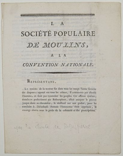 (ALLIER) Adresse Imprimée de la SOCIÉTÉ POPULAIRE DE MOULINS à la Convention Nationale...