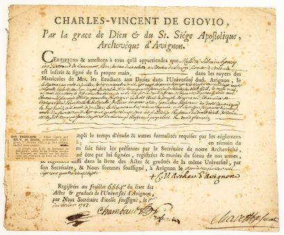  VAUCLUSE. HAUTE-LOIRE Piece signed Charles-Vincent de GIOVIO Archbishop of AVIGNON...